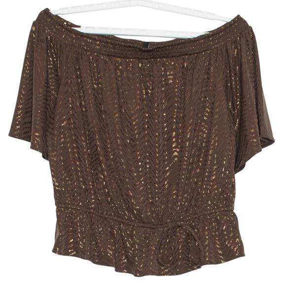 White House Black Market Top Off Shoulder Y2K Boho Cottage Blouson Brown Size XL - Picture 1 of 6